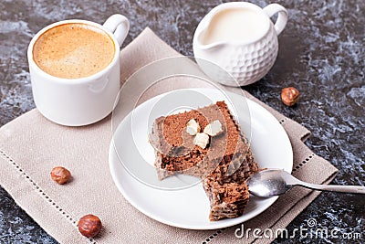 Cup of espresso, milk and cakes, top view Stock Photo