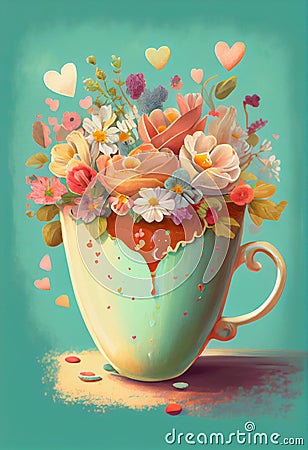 Cup with flowers and hearts, creative positive thinking, self care, hope and support concept, generative AI Stock Photo