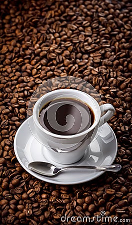 Cup with fragrant coffee drink on beans background Stock Photo