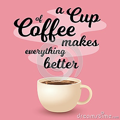 Cup of Fresh Coffee with Text isolated on Pink Stock Photo