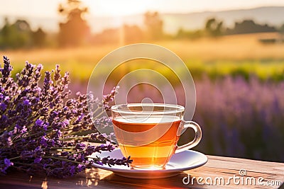 Cup of fresh healthy lavender tea on a wooden table on sunny morning. Lavender tea poured into clear glass cup. Herbal medicine Stock Photo