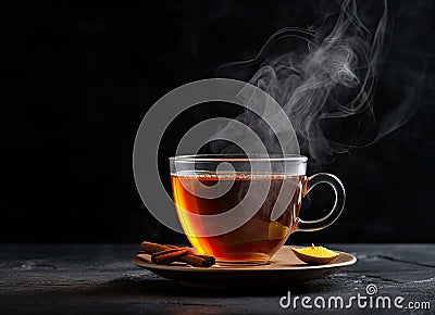 A Cup of freshly brewed black tea,escaping steam,warm soft light, darker background. Created with Generative AI Stock Photo