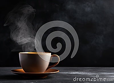 A Cup of freshly brewed black tea,escaping steam,warm soft light, darker background. Created with Generative AI Stock Photo