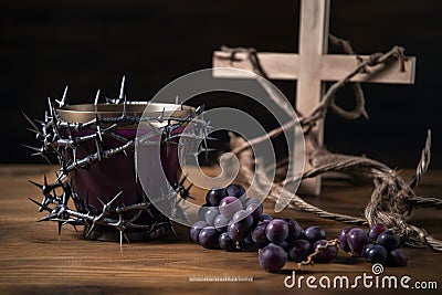 A cup of grape juice with wooden cross and metal Barbed Wire made like the crown of thorns of Jesus on wooden Stock Photo