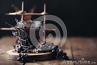 A cup of grape juice with wooden cross and metal Barbed Wire made like the crown of thorns of Jesus on wooden. Generative AI Stock Photo