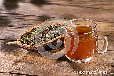 Cup of green tea with dried leaves - Camellia sinensis Stock Photo