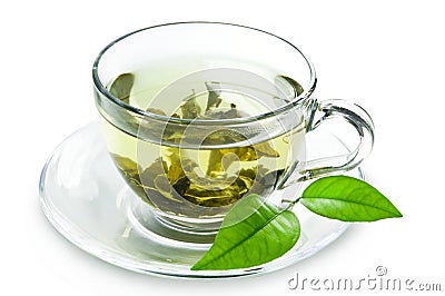 Cup with green tea and green leaves. Stock Photo