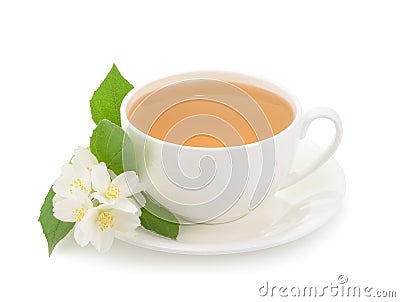 Cup of green tea with jasmine flowers isolated on white backgrou Stock Photo