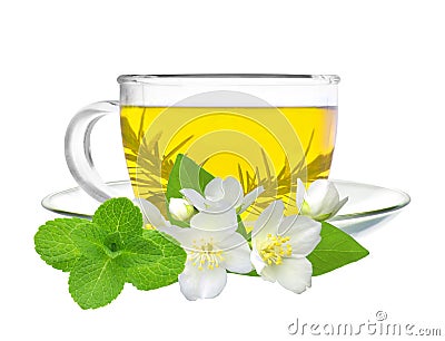 Cup of green tea with jasmine flowers and mint herb isolated on Stock Photo