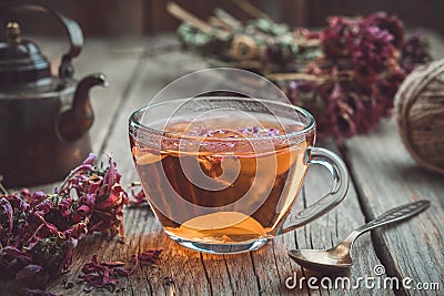 Cup of healthy echinacea tea, dry coneflower herbs and vintage teapot on table. Stock Photo