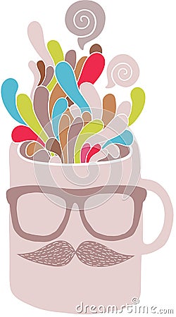 Cup with hipster mustache and glasses Vector Illustration