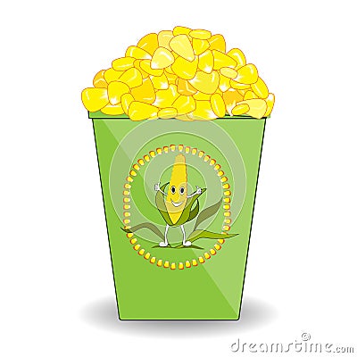 Cup of hot boiled corn with cute label. White background. Vector Illustration