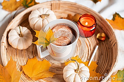 Cup with Hot Chocolate Autumn Time Pumpkin Yellow Leaves Candle Stock Photo