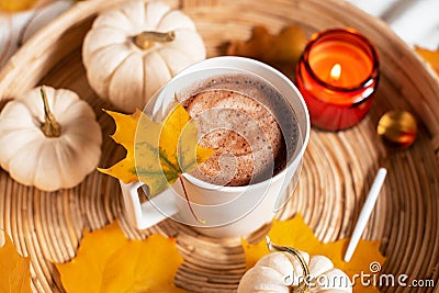Cup with Hot Chocolate Autumn Time Pumpkin Yellow Leaves Candle Stock Photo