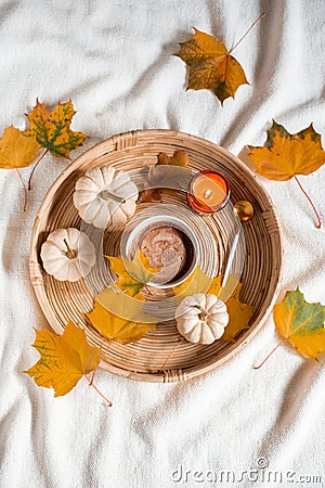 Cup with Hot Chocolate Autumn Time Pumpkin Yellow Leaves Candle Stock Photo