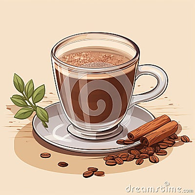 a cup of hot chocolate with cinnamon and coffee beans on a beige background Stock Photo