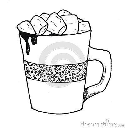 Cup of hot cocoa coffee with marshmallow graphics black and white illustration Cartoon Illustration