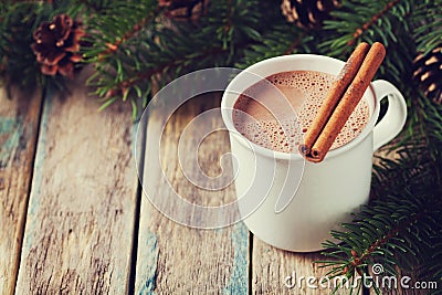 Cup of hot cocoa or hot chocolate on wooden background with fir tree and cinnamon sticks, traditional beverage for winter time Stock Photo
