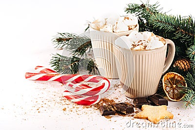 Cup of hot cocoa with marshmallows, chocolate and cinnamon Stock Photo