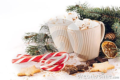 Cup of hot cocoa with marshmallows, chocolate and cinnamon Stock Photo