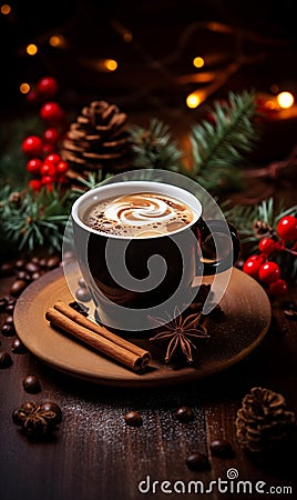 a cup of hot coffee against cozy the backdrop of a Christmas atmosphere 2 Stock Photo