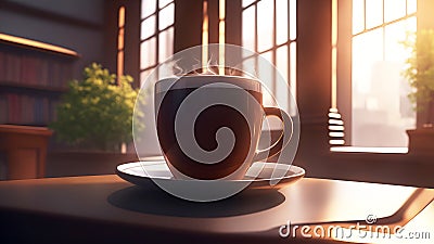 A cup of hot coffee on the desk in the office near the window, AI generation Stock Photo