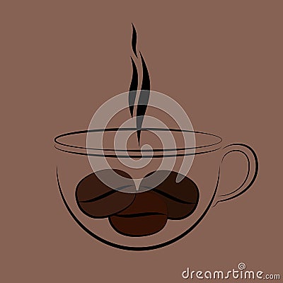 Cup of hot coffee with steam and grains Vector Illustration