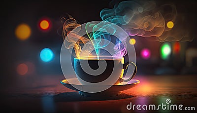 Cup of hot coffee on table with colorful steam, magical atmosphere in coffee house Stock Photo