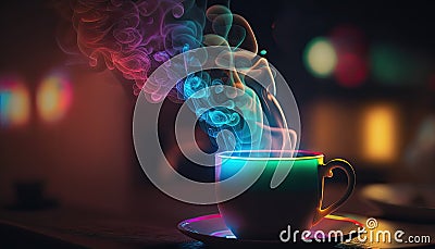 Cup of hot coffee on table with colorful steam, magical atmosphere in coffee house Stock Photo