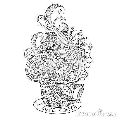 A cup of hot coffee zentangle design for coloring book for adult Vector Illustration