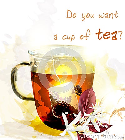 Cup of hot English tea create in watercolor style Cartoon Illustration