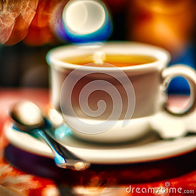 Cup of a hot tea in cafe. Anamorphic bokeh effect. Tilt-shift photo. Tasty aromatic tea in a lovely cup with a saucer Stock Photo