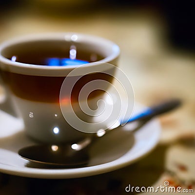 Cup of a hot tea in cafe. Anamorphic bokeh effect. Tilt-shift photo. Tasty aromatic tea in a lovely cup with a saucer Stock Photo