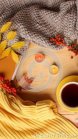 Cup of hot tea or coffee, autumn flat in hugg style, with yellow leaves, cozy knitwear, candles and berries, blank for designer, Stock Photo