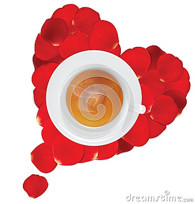 A cup of hot tea in the heart of rose petals Vector Illustration
