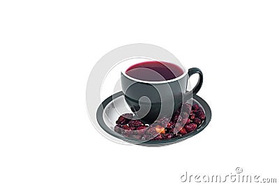 A cup of hot tea from rose hips vitamin warm winter and cure colds. Stock Photo