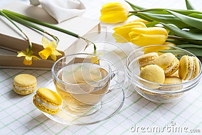 A cup of hot tea, yellow tulips, yellow daffodils, old books and lemon macaroons on a light background Stock Photo