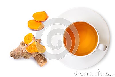 Cup of hot Turmeric tea with tumeric root Stock Photo