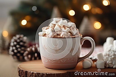 cup of hot winter cocoa drink with marshmallows with bokeh and Christmas tree on the background Stock Photo