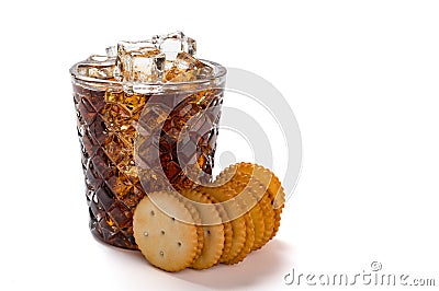 Cup of iced cola and sandwich biscuits on white with clipping path Stock Photo
