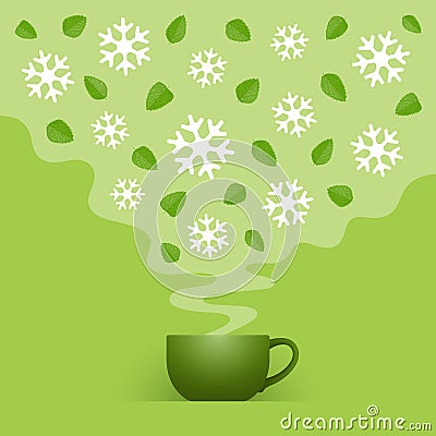Cup of iced green tea and white cloud with snowflakes and mint leaves Vector Illustration