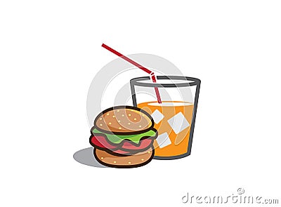 Cup of juice with square ice cubes and big hamburger Sandwich with meat and vegetable inside for design illustrator, chheeseburger Stock Photo