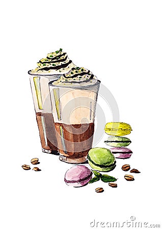 Cup of latte with macaroons and mint leaves Vector Illustration