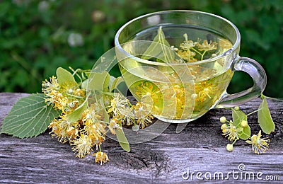 Cup of linden tea on a wooden table. white butterfly sitting on a cup of herbal tea. clover flowers and a cup of flower tea. herba Stock Photo