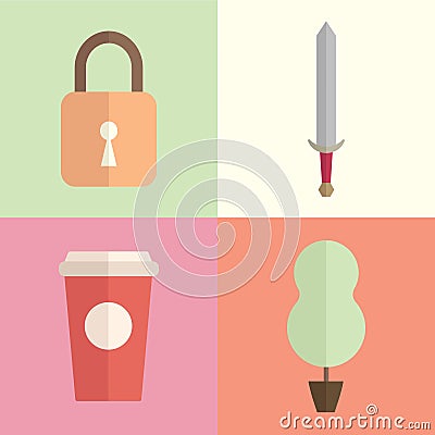 Cup,Lock,Paper Cup,Tree Flat Illustrations / Icons With Flat Colors Vector Illustration
