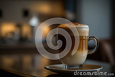 A cup of macchiato coffee is on a table. Beautiful mug and saucer. Stock Photo