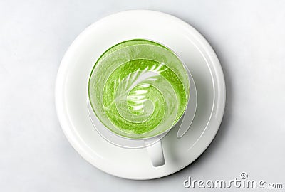 Cup of matcha green tea latte over white Stock Photo