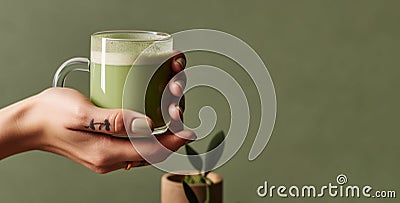 Cup of matcha latte in woman& x27;s hands, tattoo Stock Photo