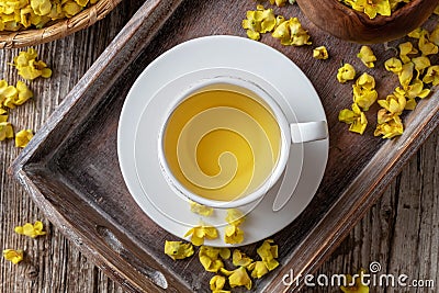 A cup of mullein tea with fresh verbascum, top view Stock Photo