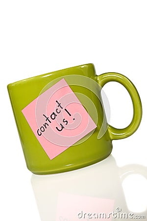 Cup with note contact us!. Stock Photo